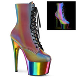 7" Heel, 2" Chromed PF Lace-Up Ankle Boot, Side Zip Pleaser Pleaser ADORE/1020RC/REFL