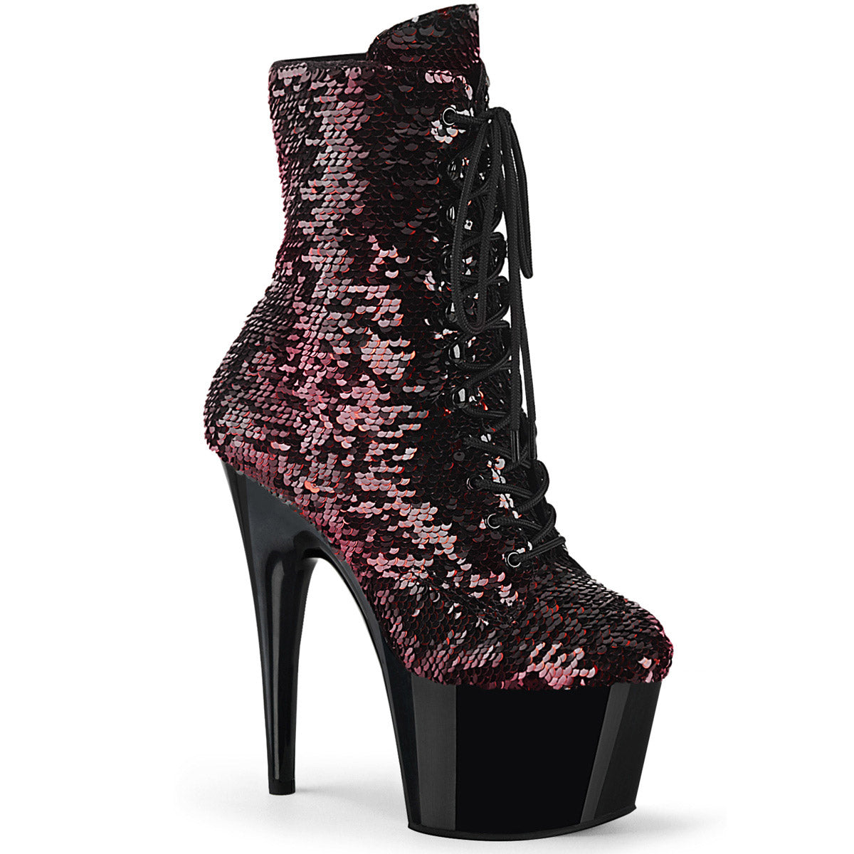 7" Heel, 2 3/4" Pf Lace-up Sequins Ankle Boot, Side Zip Pleaser Pleaser ADO1020SQ/B/RSQ/B