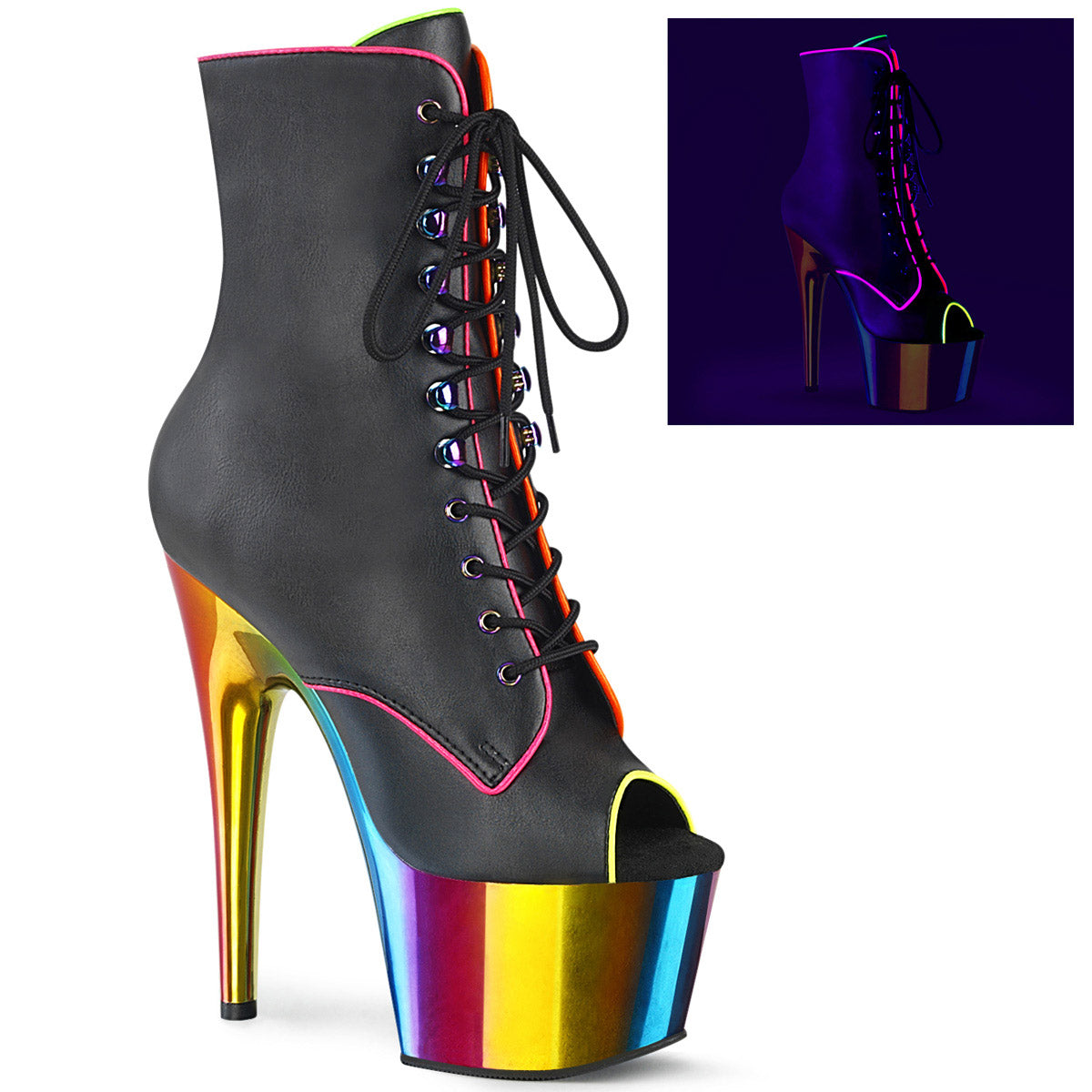7" Heel, 2" PF Peep Toe Lace-Up Ankle Boot, Side Zip Pleaser Pleaser ADORE/1021RC/02