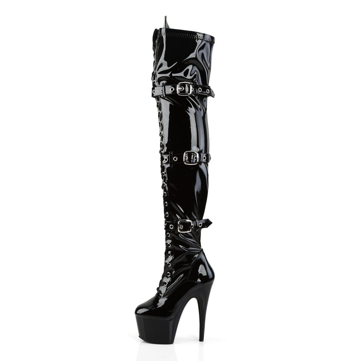 7" Heel, 2 3/4" PF Lace-Up Triple-Buckle Thigh Boot,Side Zip Blk Pat/Blk Pleaser Pleaser ADORE/3028