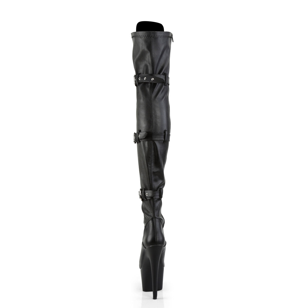7" Heel, 2 3/4" PF Lace-Up Triple-Buckle Thigh Boot,Side Zip Blk Faux Leather/Blk Matte Pleaser Pleaser ADORE/3028