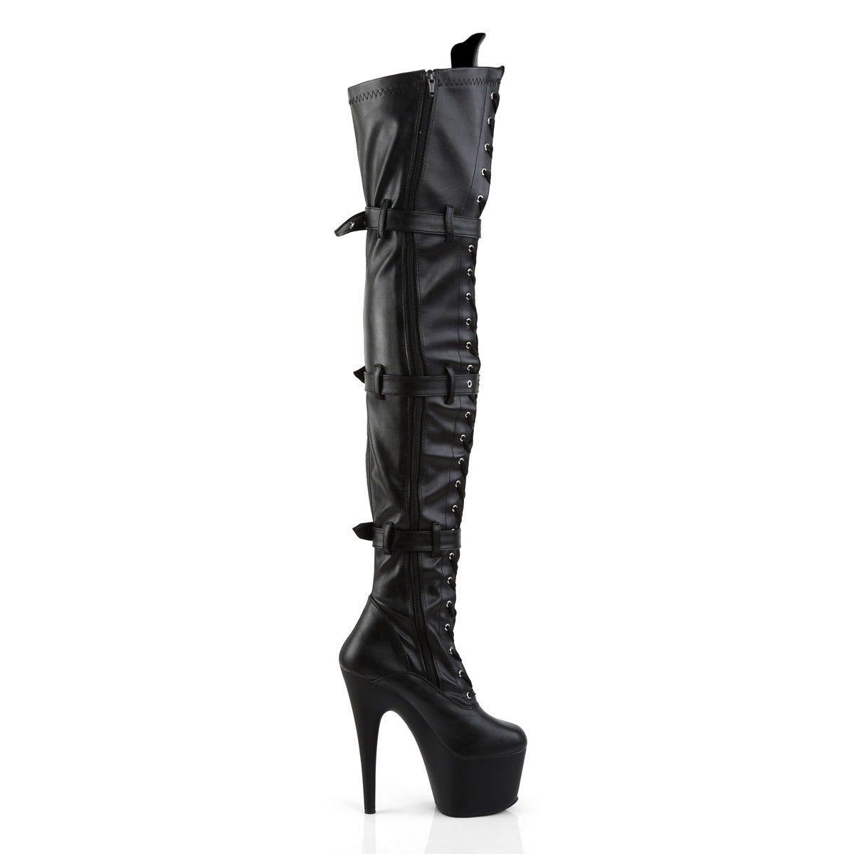 7" Heel, 2 3/4" PF Lace-Up Triple-Buckle Thigh Boot,Side Zip Blk Faux Leather/Blk Matte Pleaser Pleaser ADORE/3028