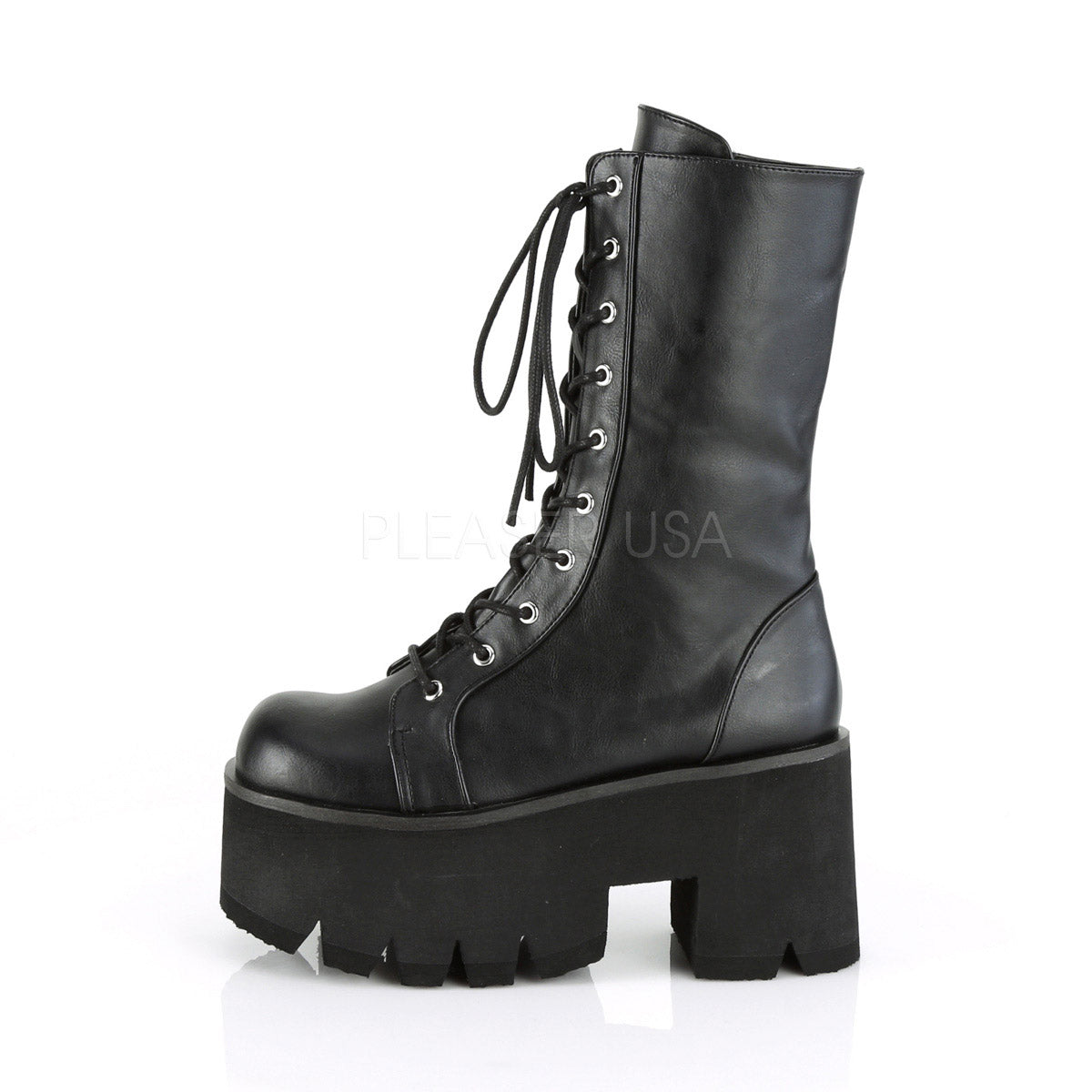 3 1/2" Chunky Heel, 2 1/4" PF Lace-Up Mid-Calf BT, Side Zip Pleaser Demonia ASHES/105