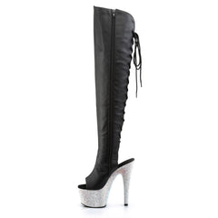 7" Heel, 2 3/4" PF Open Toe/Heel Thigh High Boot, Side Zip Blk Faux Leather/Slv Multi RS Pleaser Pleaser BEJEWELED/3019DM/7