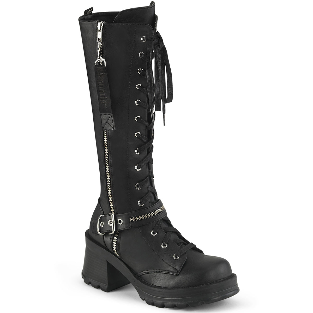 2 3/4" Heel, 1" Platform Lace-Up Knee High Boot, Outer Zip Pleaser Demonia BRATTY206/BVL