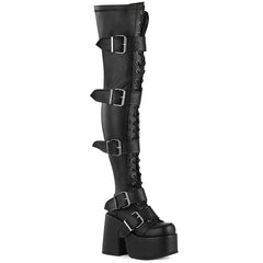 5" Chunky Heel, 3" PF Thigh-High Lace-Up Boot, Inside Zip Pleaser Demonia CAMEL/305