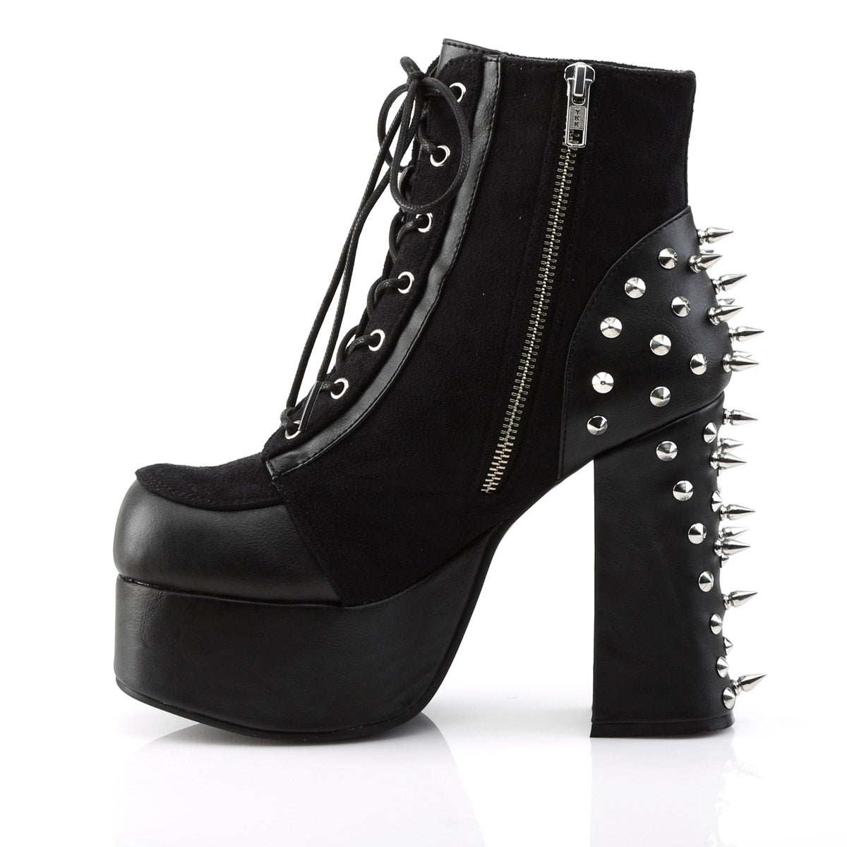 4 1/2" Heel, 2" PF Lace-Up Front Ankle Boot w/ Studs Blk Vegan Leather-Suede Pleaser Demonia CHARADE/100
