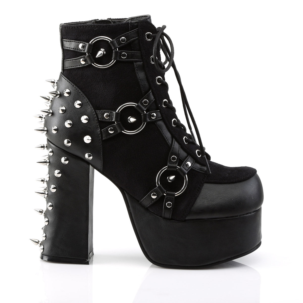 4 1/2" Heel, 2" PF Lace-Up Front Ankle Boot w/ Studs Blk Vegan Leather-Suede Pleaser Demonia CHARADE/100