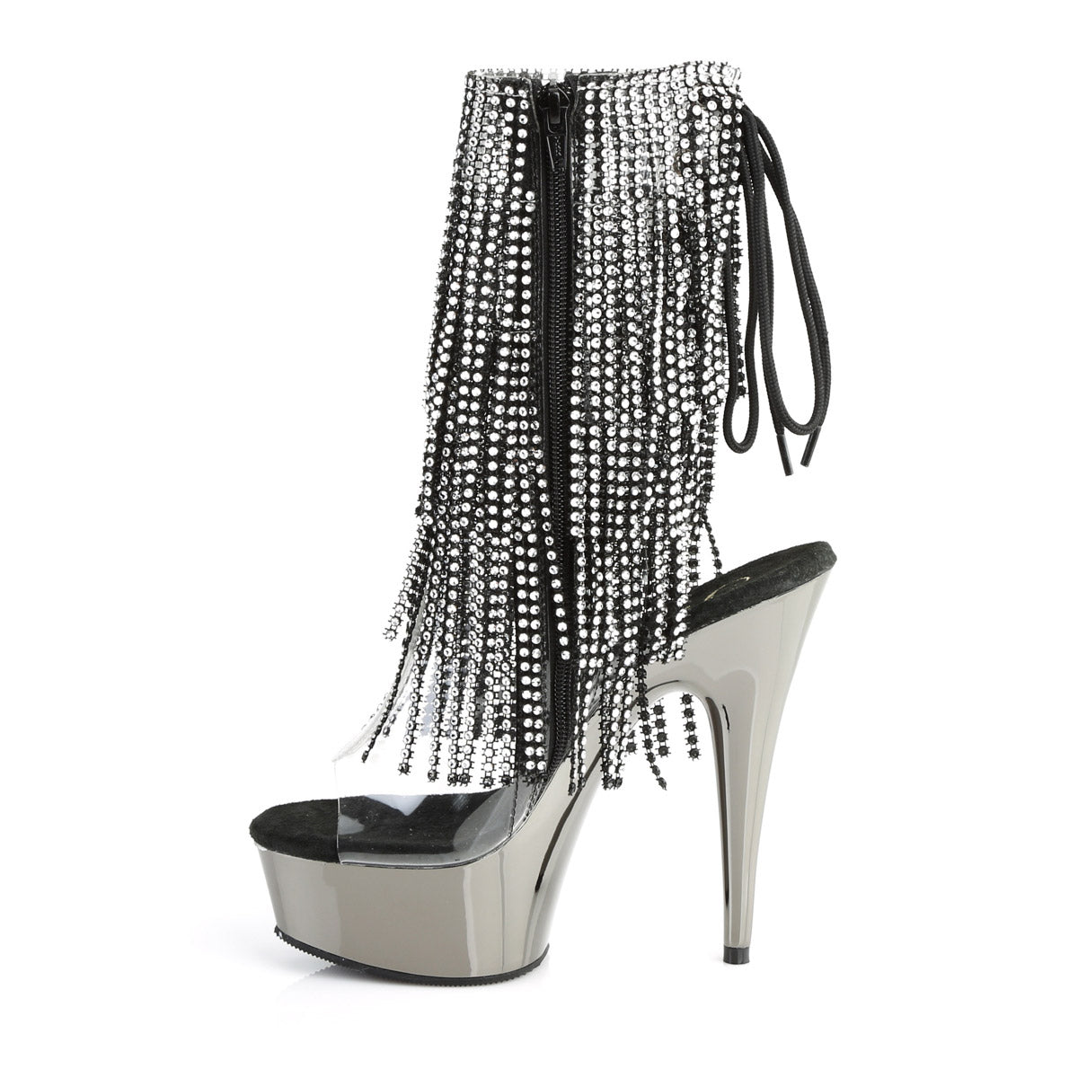 6" Heel, 1 3/4" PF Open Toe/Heel Lace-Up Fringe Ankle Boot Clr-Blk/Dark Pewter Chrome Pleaser Pleaser DELIGHT/1017RSF