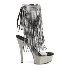 6" Heel, 1 3/4" PF Open Toe/Heel Lace-Up Fringe Ankle Boot Clr-Blk/Dark Pewter Chrome Pleaser Pleaser DELIGHT/1017RSF