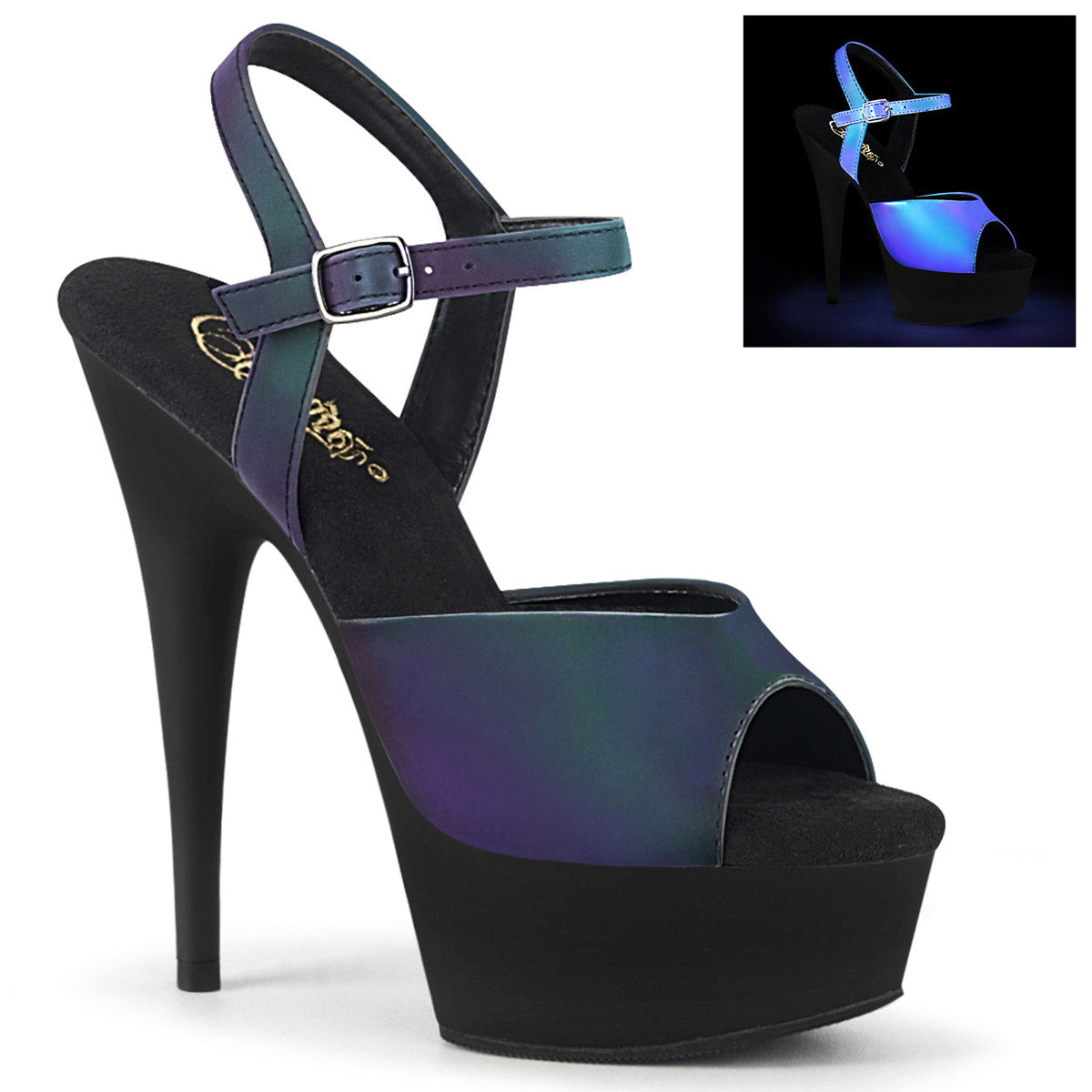 6" Heel, 1" PF Ankle Strap Sandal w/Reflective Effect Pleaser Pleaser DELIGHT/609REFL