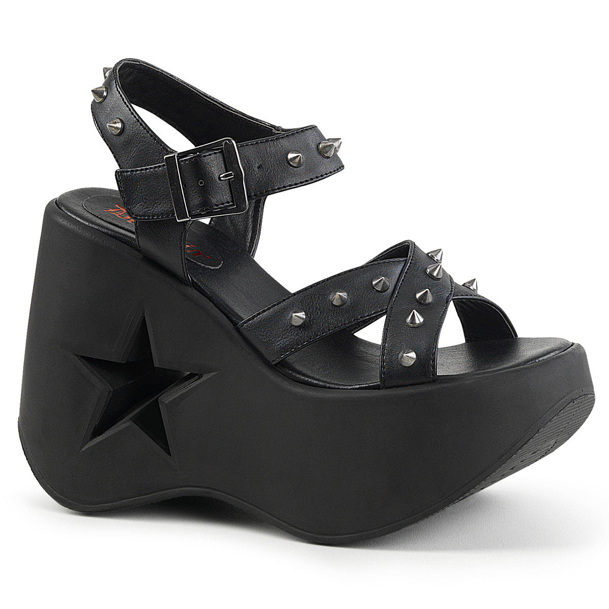 5" Star Cutout Platform Wedge Ankle Strap Sandal Blk Vegan Leather Pleaser Demonia DYNAMITE/02