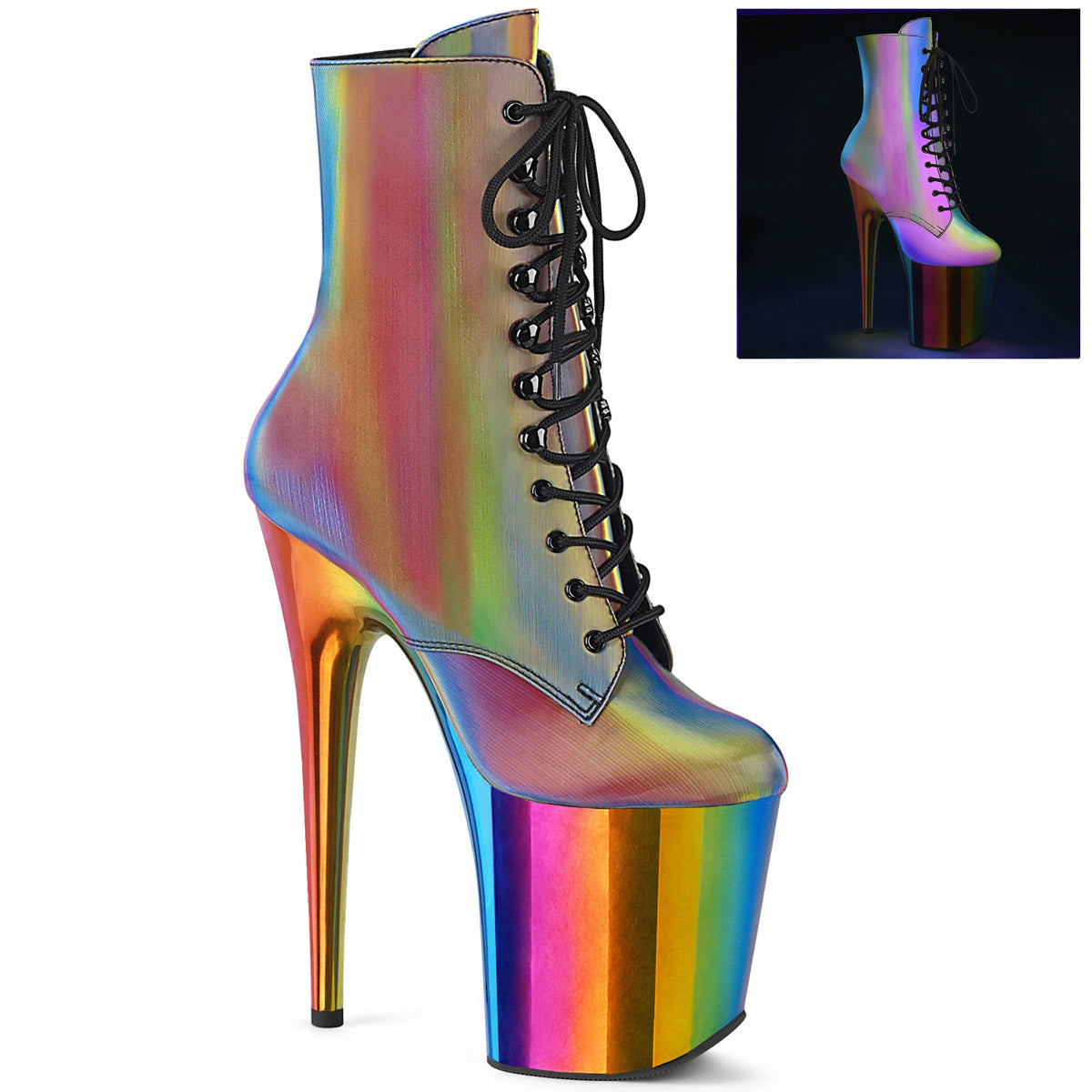 8" Heel, 4" Chromed PF Lace-Up Ankle Boot, Side Zip Pleaser Pleaser FLAMINGO/1020RC/REFL