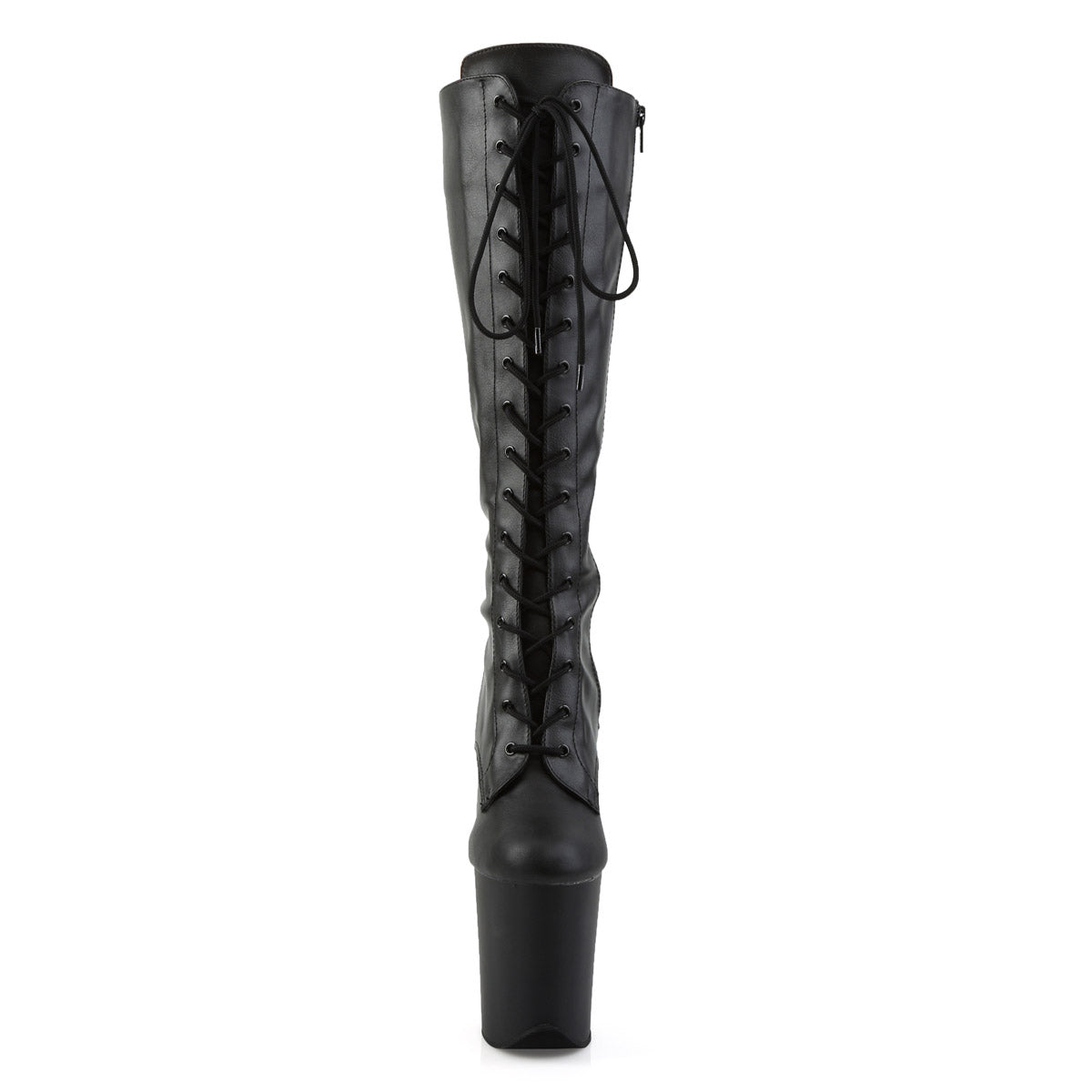 8" Heel, 4" PF Lace-Up Stretch Knee Boot, Side Zip Blk Str Pu/Blk Matte Pleaser  FLAMINGO/2023