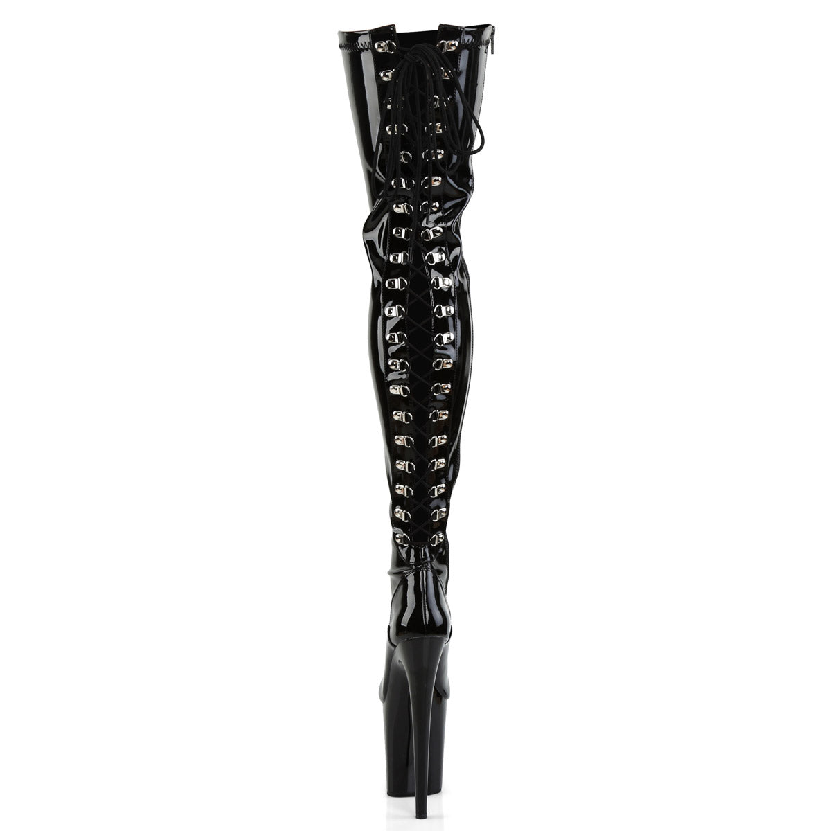 8" Heel, 4" PF Lace-Up Back Stretch Thigh Boot, Side Zip Blk Str Pat/Blk Pleaser Pleaser FLAMINGO/3063
