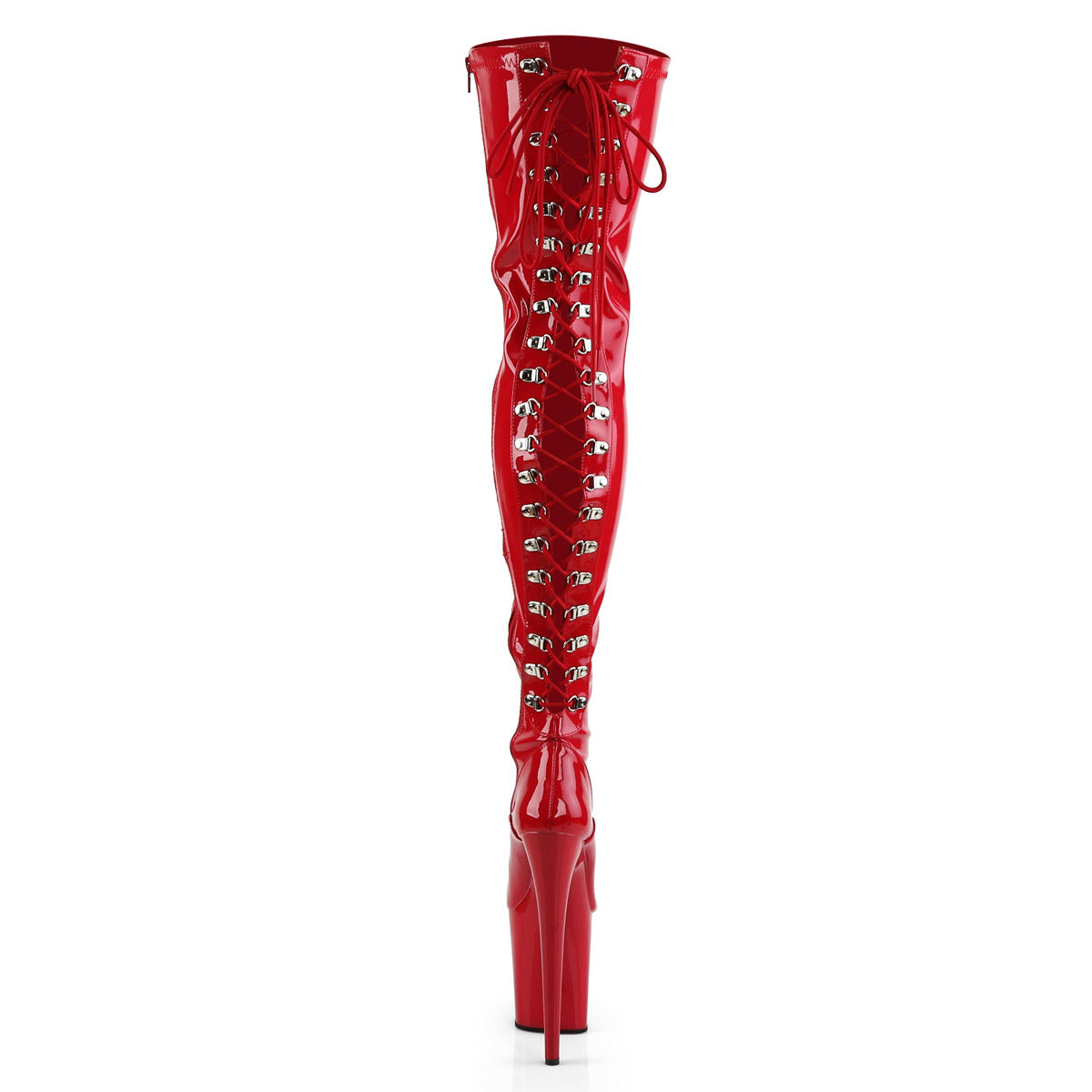 8" Heel, 4" PF Lace-Up Back Stretch Thigh Boot, Side Zip Red Str Pat/Red Pleaser Pleaser FLAMINGO/3063