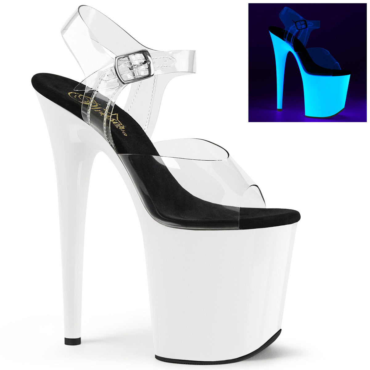 8" Heel, 4" Pf Ankle Strap Sandal W/Neon Uv Reactive Btm Pleaser Pleaser FLAMINGO/808UV