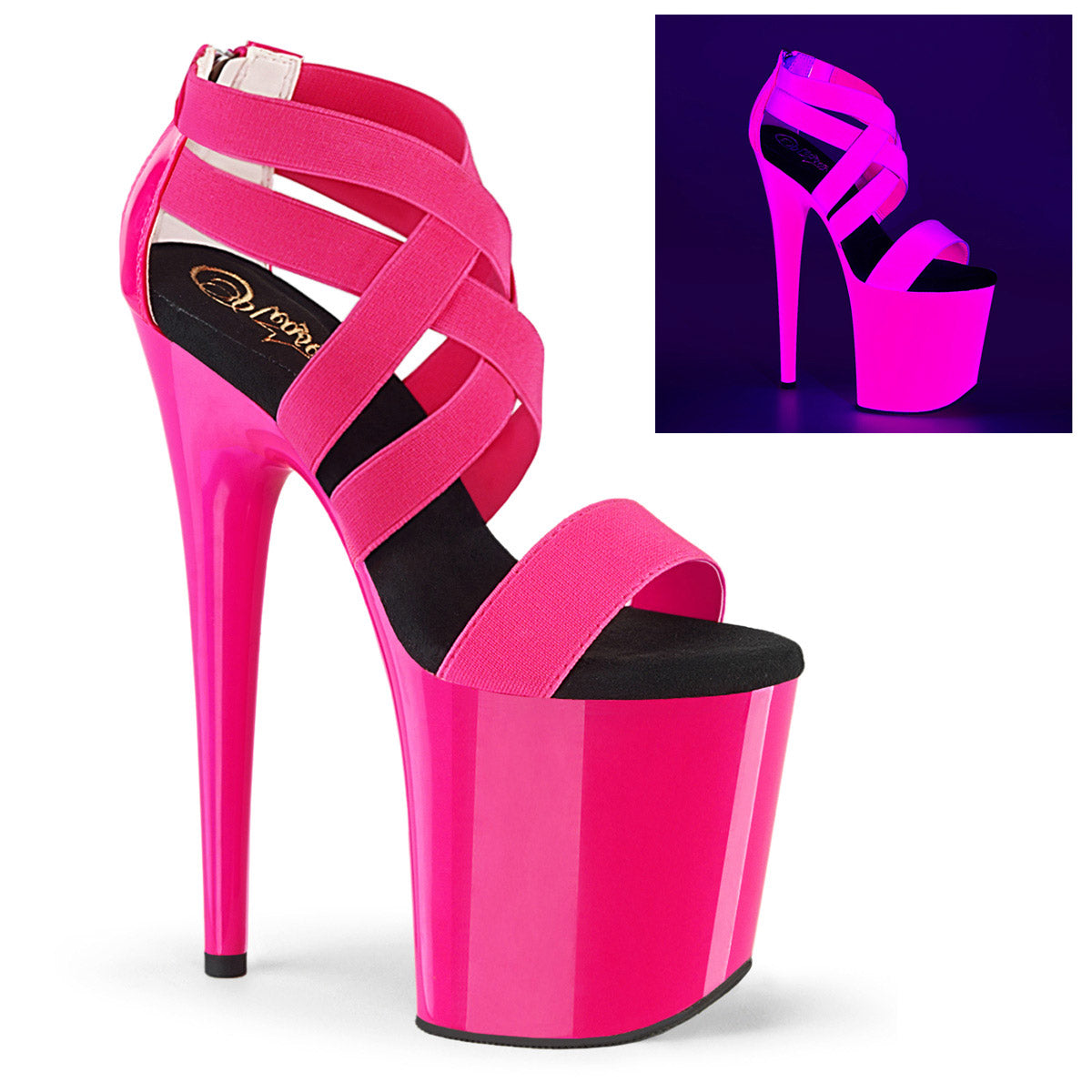 8" Heel, 4" PF UV Reactive Criss Cross Sandal, Back Zip Pleaser Pleaser FLAMINGO/869UV