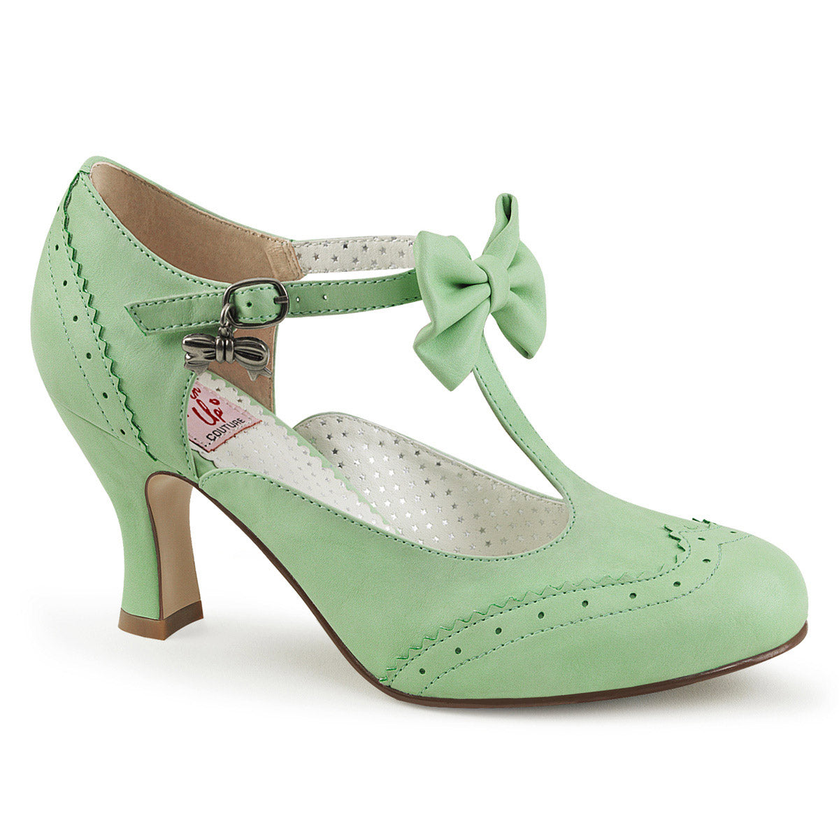 3" Kitten Heel Round Toe T-Strap Pump W/ Bow Mint Faux Leather Pleaser Pin Up Couture FLAPPER/11