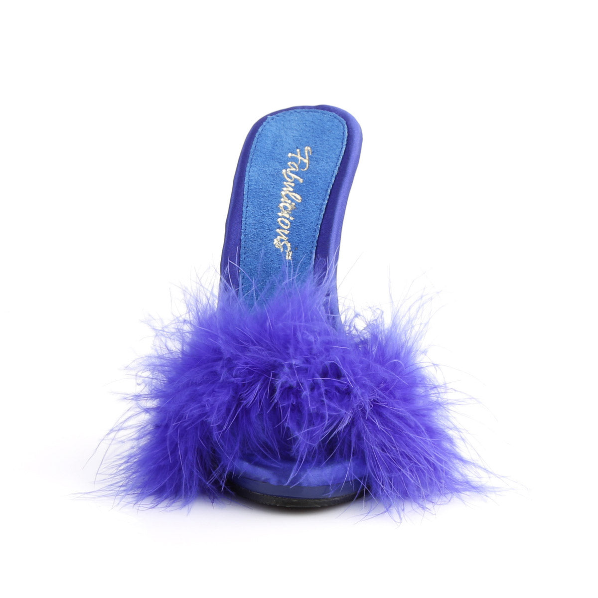 5" Heel, 3/8" PF Marabou Slide Sandal Blue Pleaser Fabulicious POISE/501F