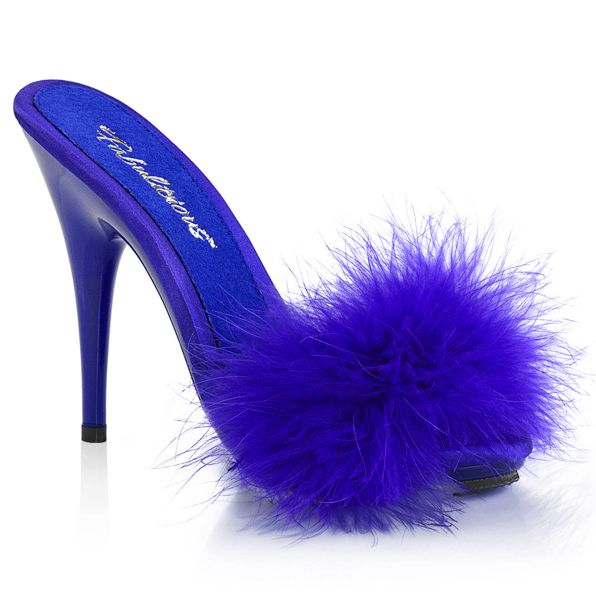5" Heel, 3/8" PF Marabou Slide Sandal Blue Pleaser Fabulicious POISE/501F