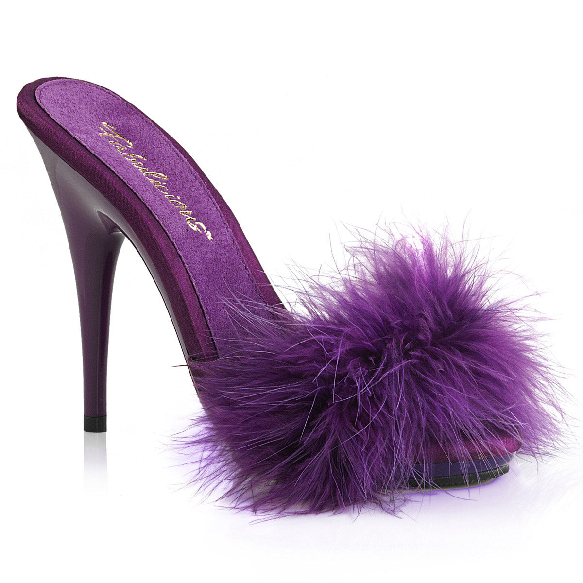 5" Heel, 3/8" PF Marabou Slide Sandal Purple Pleaser Fabulicious POISE/501F
