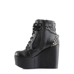 5" Wedge PF Boot w/Straps, Studs, Assorted Charms & Chain Blk Vegan Leather Pleaser Demonia POISON/101