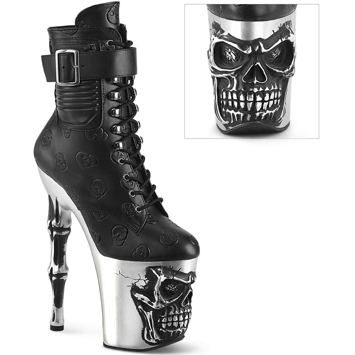 8" Finger Bone Heel, 4" Skull Pf Ankle Boot, Inside Zip Pleaser  RAPT1020STR-02/BPU/S