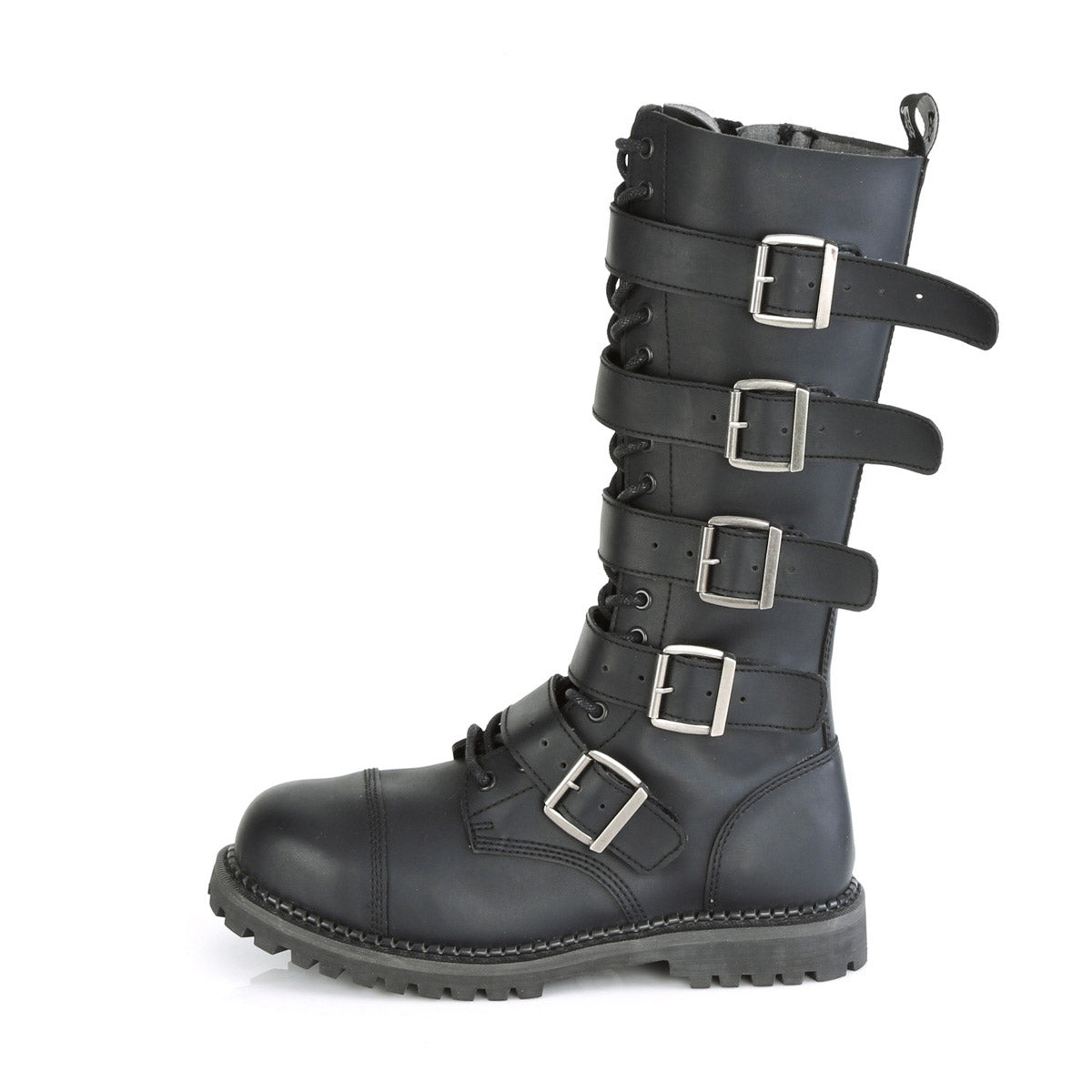 thumbnail image 2 of Demonia Riot-18BK Men's Black Leather Punk Combat Steel Toe Knee High Boots 2 of 6
