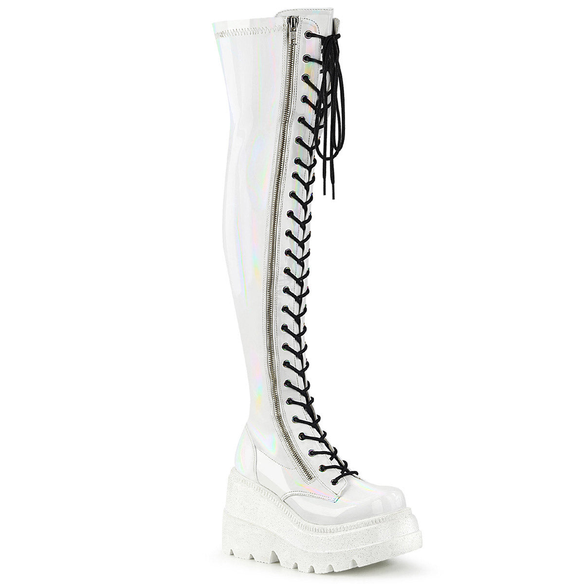 4" Wedge PF Lace-Up Thigh-High Boot, Outside Zip Pleaser Demonia SHAKER/374