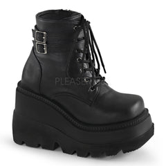4 1/2" Stacked Wedge PF Lace-Up Ankle Boot w/Buckle Straps Blk Vegan Leather Pleaser Demonia SHA52/BVL