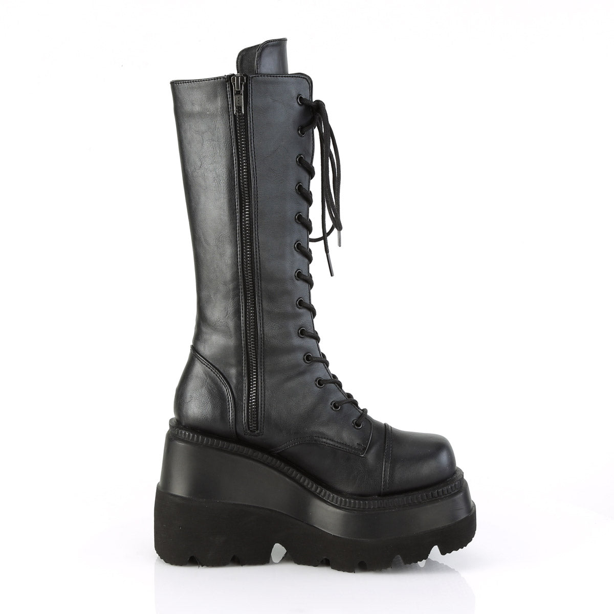 4 1/2" Wedge PF Lace-Up Mid-Calf Boot, Side Zip Pleaser Demonia SHAKER/72