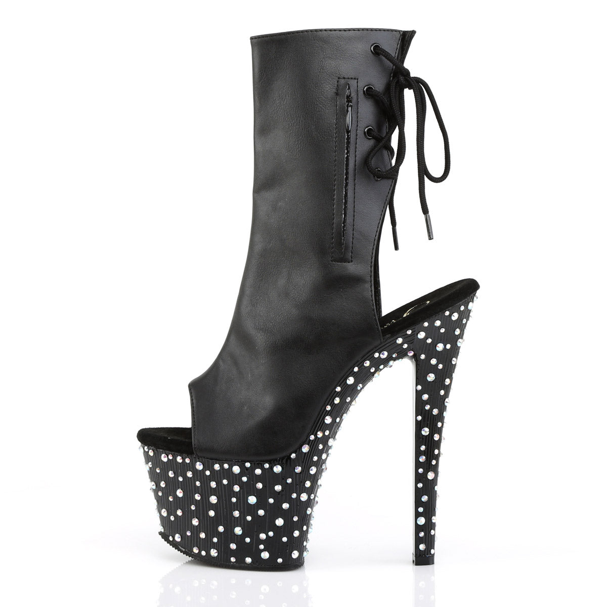 7" Heel, 2 3/4" PF Open Toe/Heel Ankle Boot, side Zip Blk Faux Leather/Blk-Slv Multi RS Pleaser Pleaser STARDANCE/1018/7