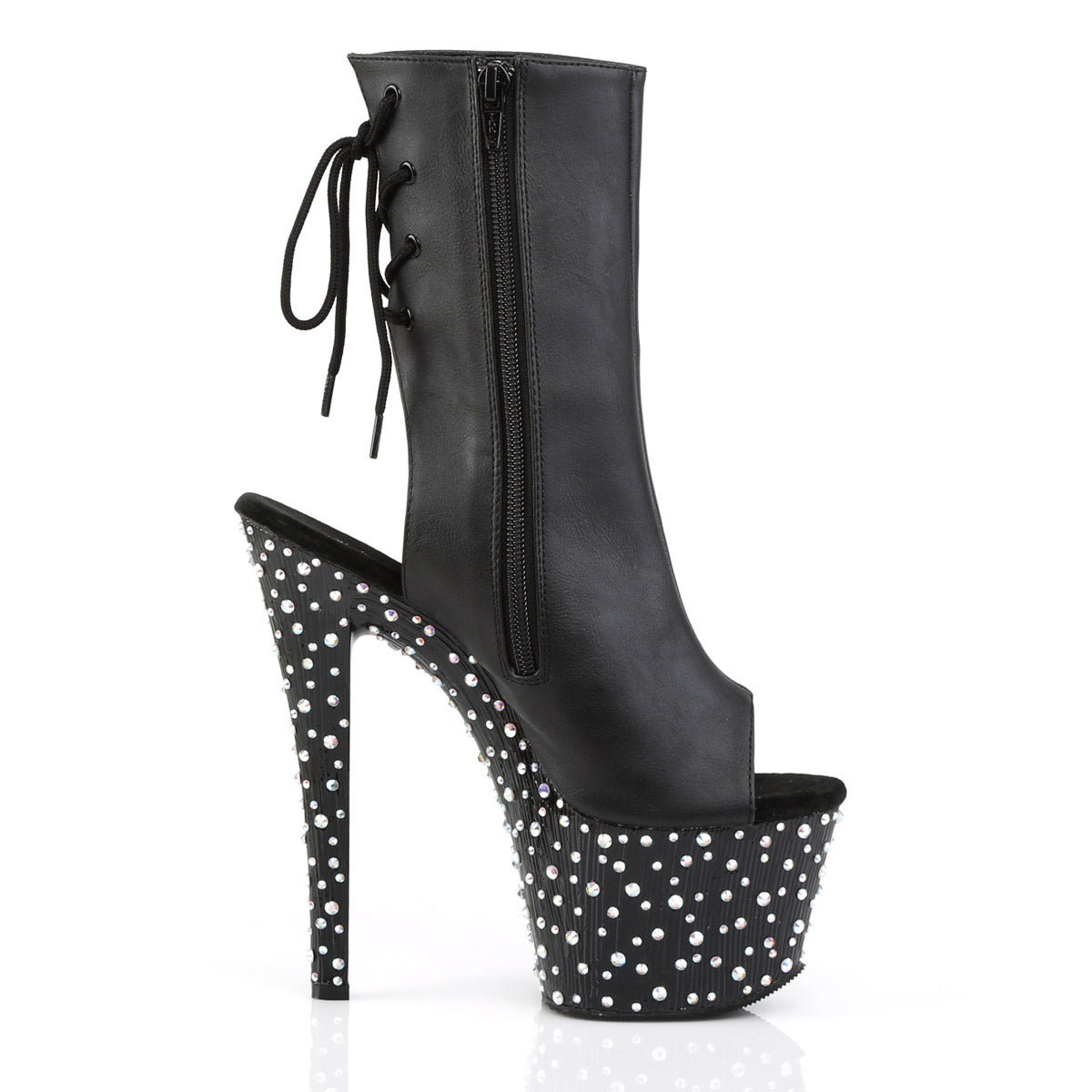 7" Heel, 2 3/4" PF Open Toe/Heel Ankle Boot, side Zip Blk Faux Leather/Blk-Slv Multi RS Pleaser Pleaser STARDANCE/1018/7