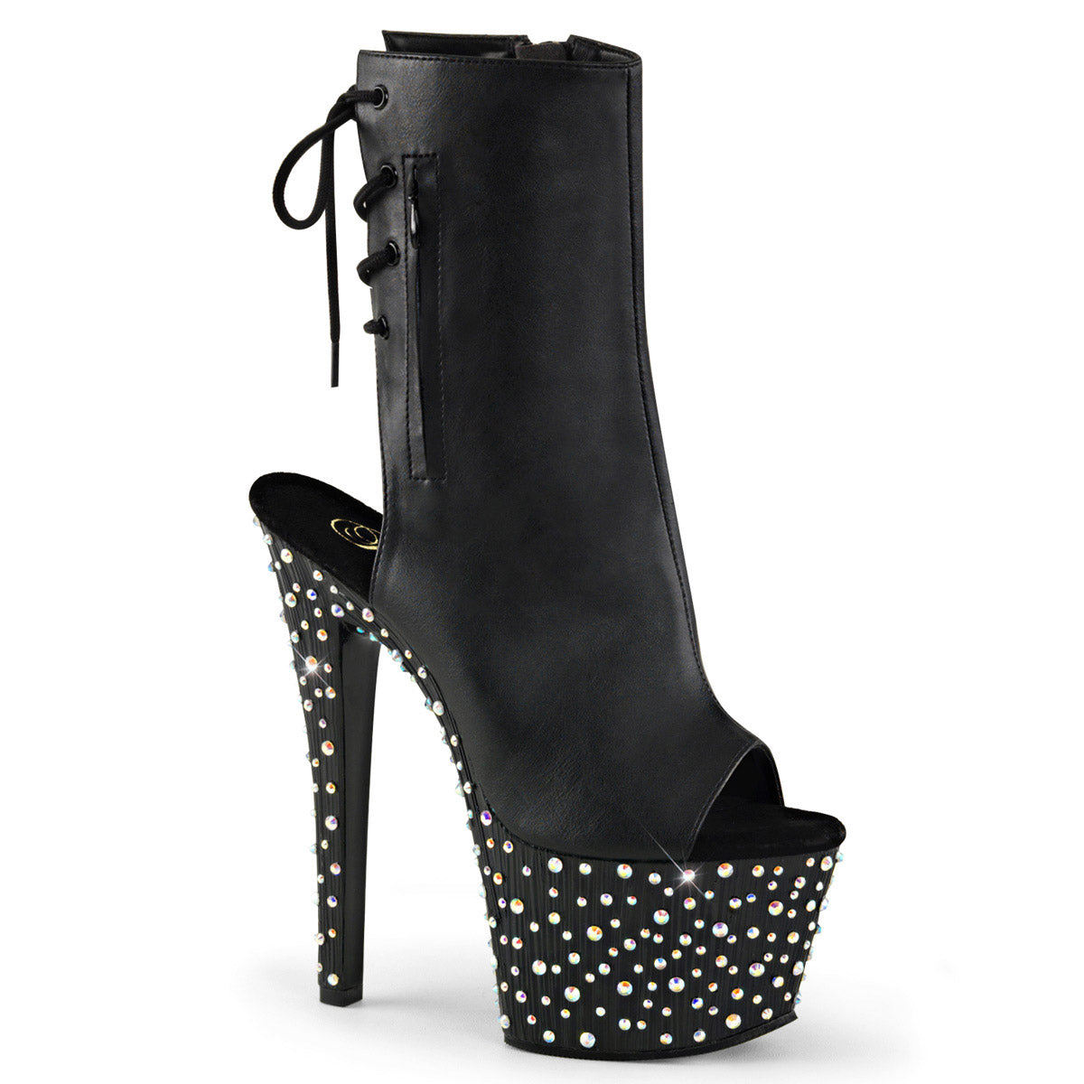 7" Heel, 2 3/4" PF Open Toe/Heel Ankle Boot, side Zip Blk Faux Leather/Blk-Slv Multi RS Pleaser Pleaser STARDANCE/1018/7