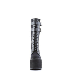 5 1/2" PF Lace-Up Knee Boot w/Exposed Zipper & Buckle Strap Blk Canvas-Vegan Leather Pleaser Demonia SWING/221