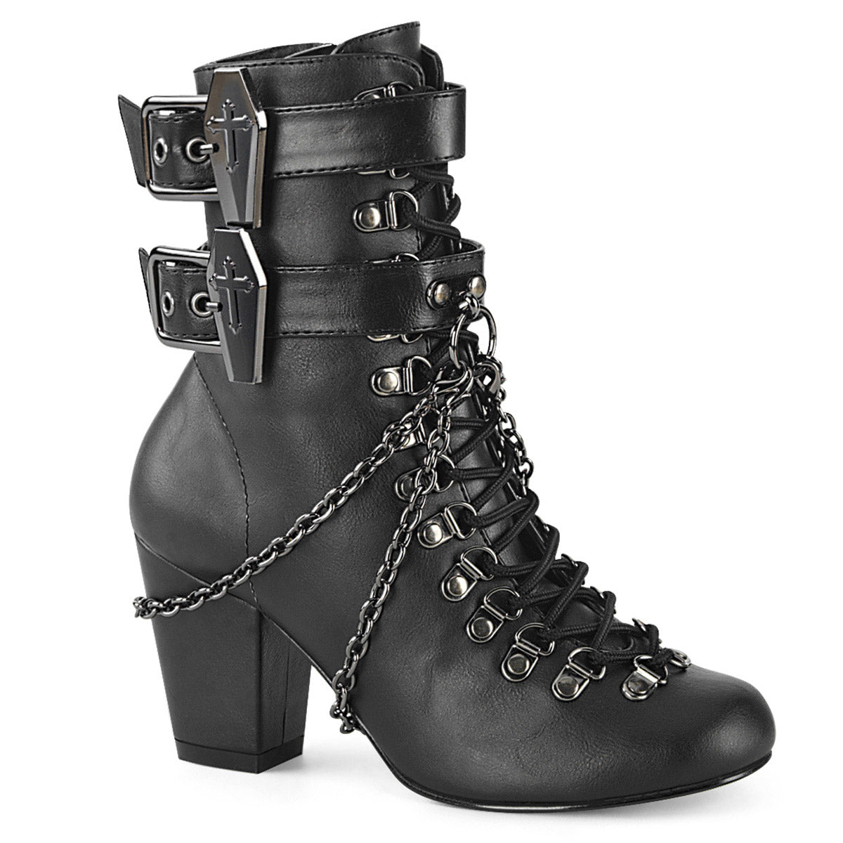 3" Block Heel Round Toe D-ring Lace-Up Ankle Boot, Size Zip Pleaser Demonia VIVIKA/128