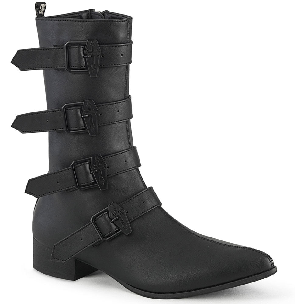 1" Block Heel Pointed Toe Mid-Calf Boot, Side Zip Pleaser Demonia WARLOCK/110/C