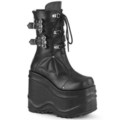 6" Wedge PF Lace-Up Mid-Calf Boot, Back Metal Zip Pleaser Demonia WAVE/150
