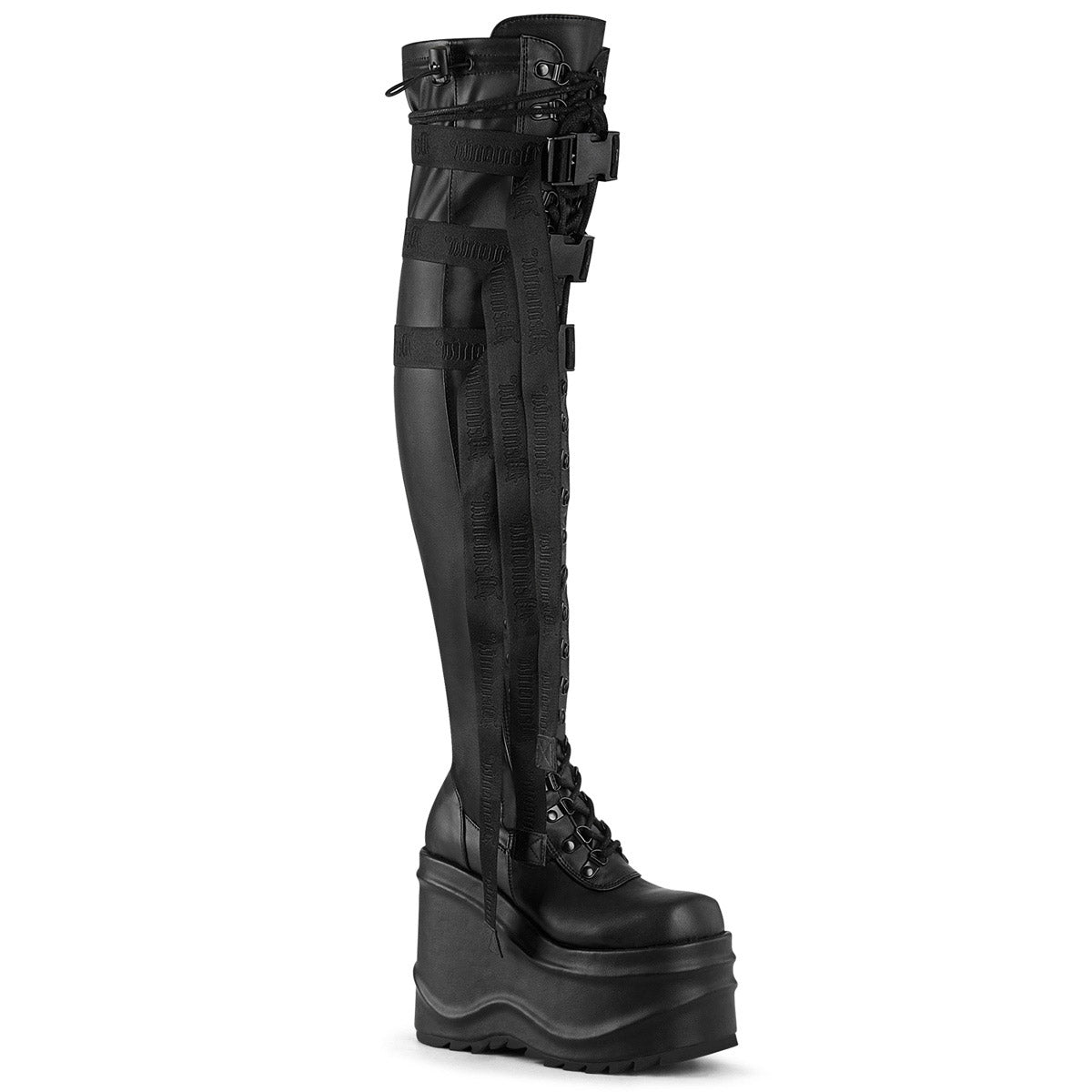 6" Wedge PF Lace-Up Stretch Thigh Boot, Side Zip Pleaser Demonia WAVE/315